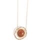 Suspended along the center of an oversized, warped, hammered gold hoop, a goldstone pendant, pressed in a smaller warped gold frame glides along a dainty gold chain for a glamorously gentle look. Features an adjustable clasp closure. As the stone elements in this piece are natural, some color variation is normal.  Sold as one individual necklace. Includes one pair of matching earrings.