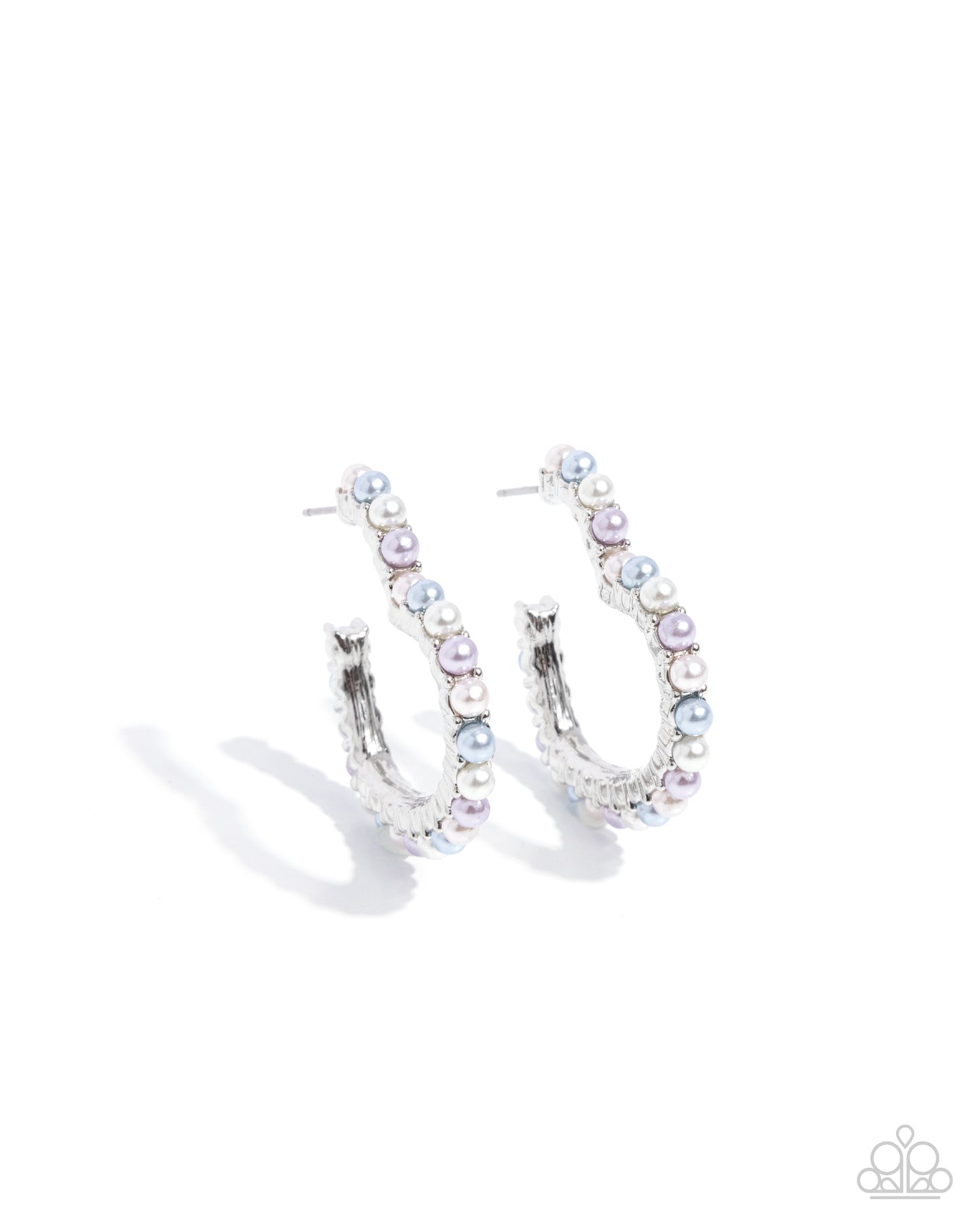 Paparazzi Accessories - Vocally Vintage - Multi Earrings set in circular fittings, elevated white, Pastel Lilac, and Chambray Blue pearls embellish the front of a silver heart hoop for a refined, sophisticated finish. Earring attaches to a standard post fitting. Hoop measures approximately 1 1/4" in diameter.  Sold as one pair of hoop earrings.