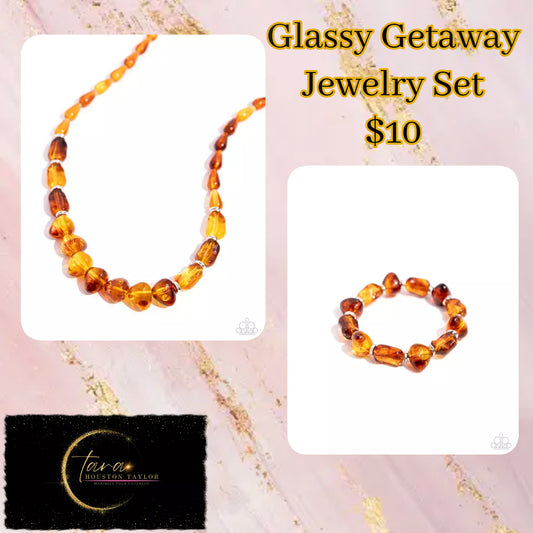 <p>Paparazzi Accessories - Glassy Getaway &amp; Genre - Brown Jewelry Set featuring a glassy opacity, brown beads in various shapes are infused along the neckline for a stylish statement. Silver discs are sporadically inserted throughout the glassy beads for a touch of sheen. Features an adjustable clasp closure.</p> <p><i>Sold as one individual necklace. Includes one pair of matching earrings.</i></p>