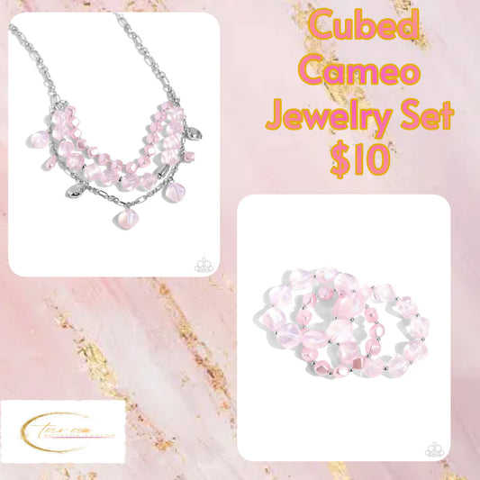 Paparazzi Accessories - Cubed Cameo - Pink Jewelry Sets cubed baby pink pearls join a strand of baby pink clear acrylics that alternate with silver discs and a silver fitting around the neckline. A third strand joins the refined display featuring a silver abstract chain that has dangling silver beads, baby pink pearls in a variety of shapes, and glittery clear acrylics for a classy display. Features an adjustable clasp closure. Sold as one individual necklace. Includes one pair of matching earrings.