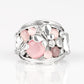 Paparazzi Accessories - Flutter Me Up - Pink Ring dainty silver butterflies flutter atop a backdrop of glowing pink moonstones and glassy white rhinestones, coalescing into an enchanted band. Features a stretchy band for a flexible fit.  Sold as one individual ring.