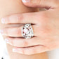 Paparazzi Accessories - Flutter Me Up - Pink Ring dainty silver butterflies flutter atop a backdrop of glowing pink moonstones and glassy white rhinestones, coalescing into an enchanted band. Features a stretchy band for a flexible fit.  Sold as one individual ring.