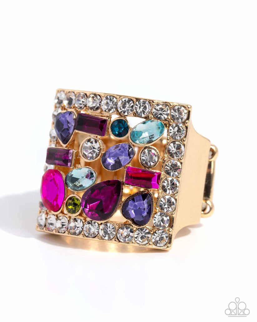 Bordered in dainty white rhinestones, an exaggerated, airy gold square frame glistens atop the finger. Scattered through its airy middle, a collection of multicolored gems and rhinestones in various cuts completes the look with a dramatic flair. Features a stretchy band for a flexible fit. June 2024 Life of the Party Exclusive.  Sold as one individual ring.