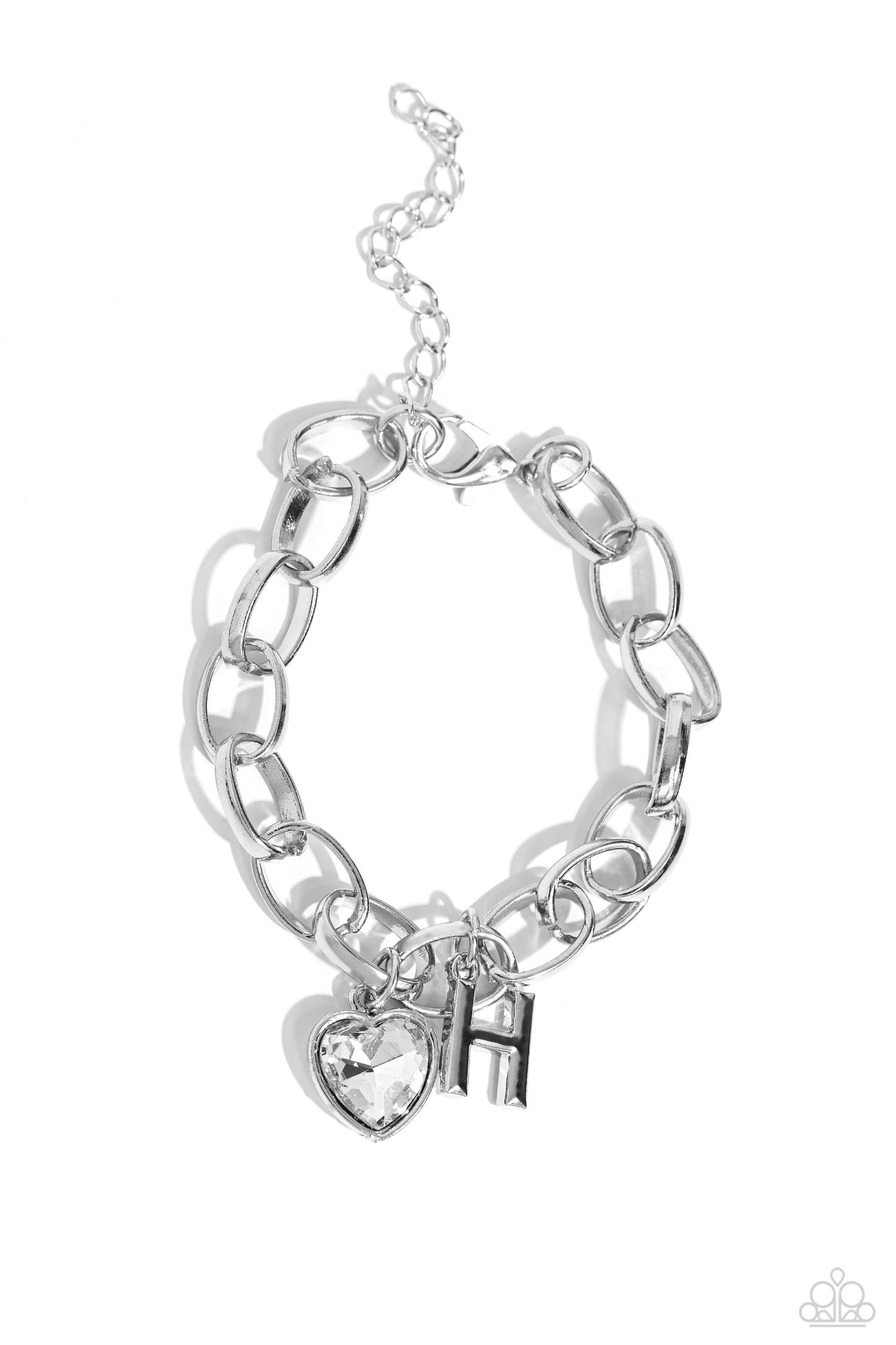 Paparazzi Accessories - Guess Now Its INITIALS - "H" White Bracelets a simple collection of silver charms — including a white rhinestone heart pressed in a silver frame and a sleek letter "H" — dance from a chunky silver chain around the wrist, creating a sentimental fringe. Features an adjustable clasp closure.  Sold as one individual bracelet.