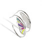 An oversized silver butterfly wing, splashed with baby pink, Fuchsia Fedora, Love Bird, and multicolored iridescent rhinestones, nestles along the inner curve of a glistening silver hoop, creating a whimsically colorful sight. Earring attaches to a standard post fitting. Hoop measures approximately 1 3/4" in diameter. Due to its prismatic palette, color may vary.  Sold as one pair of hoop earrings.