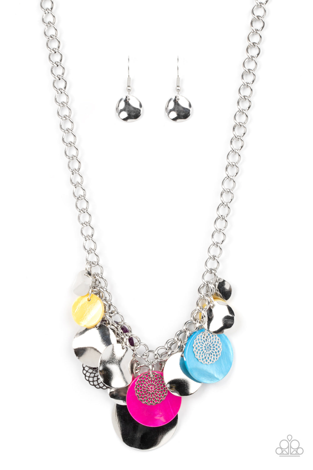 Paparazzi Accessories - Oceanic Opera - Multi Necklaces a summery collection of bent silver discs, multicolored shell-like discs, and silver mandala-like accents cascades from a pair of layered silver chains, resulting in a bubbly and boisterous fringe below the collar. Features an adjustable clasp closure.  Sold as one individual necklace. Includes one pair of matching earrings.