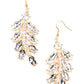 Ice Garden Gala - Gold Rhinestone Earrings versized marquise cut white rhinestones fan out from a curved gold bar encrusted in glassy white rhinestones, resulting into a glamorously leafy statement piece. Earring attaches to a standard fishhook fitting.  Sold as one pair of earrings.