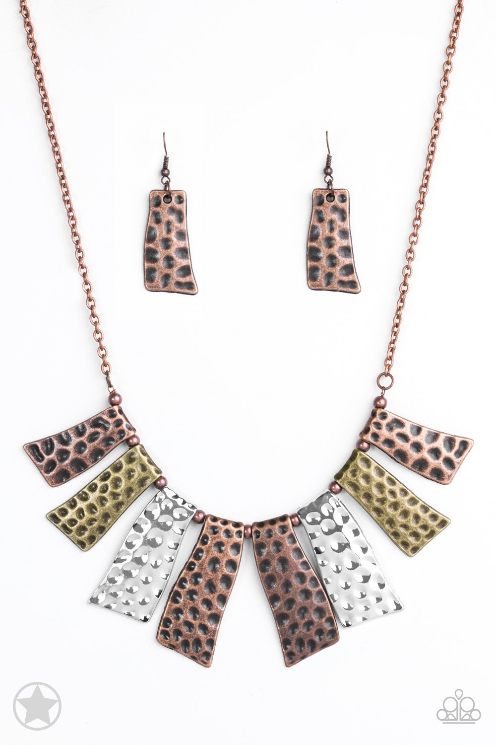 Paparazzi Accessories Fan of the Tribe Blockbuster Necklaces Abstract wavy plates of copper, silver, and brass are texturized with eye-catching hammered divots and alternating copper beads along a copper chain. Features an adjustable clasp closure.