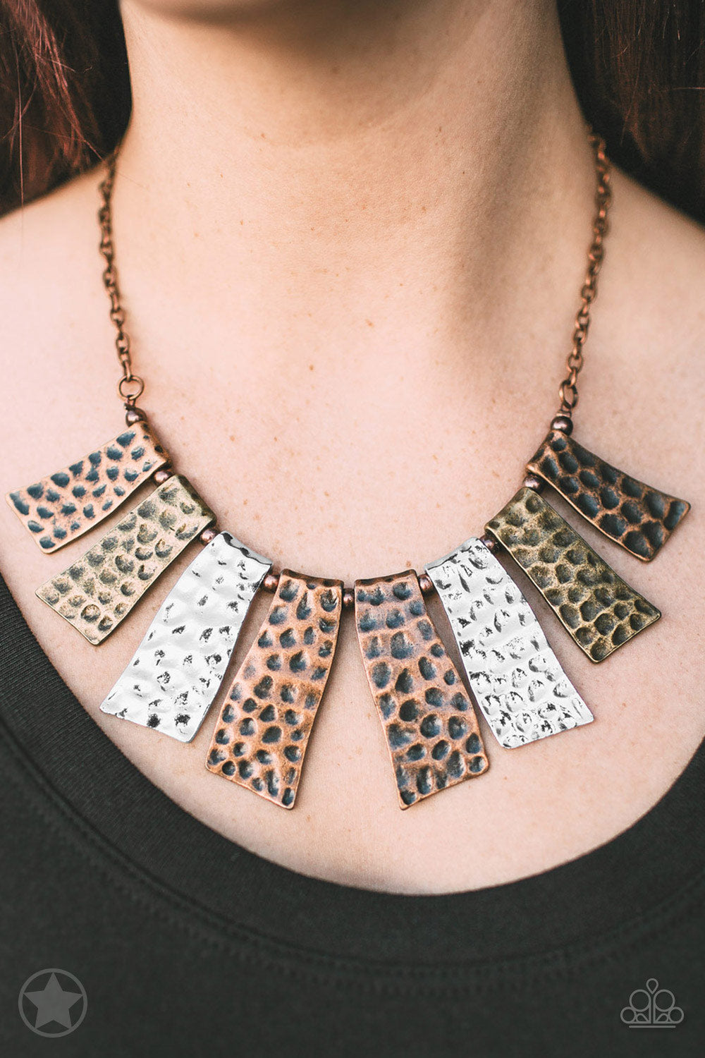 Paparazzi Accessories Fan of the Tribe Blockbuster Necklaces Abstract wavy plates of copper, silver, and brass are texturized with eye-catching hammered divots and alternating copper beads along a copper chain. Features an adjustable clasp closure.