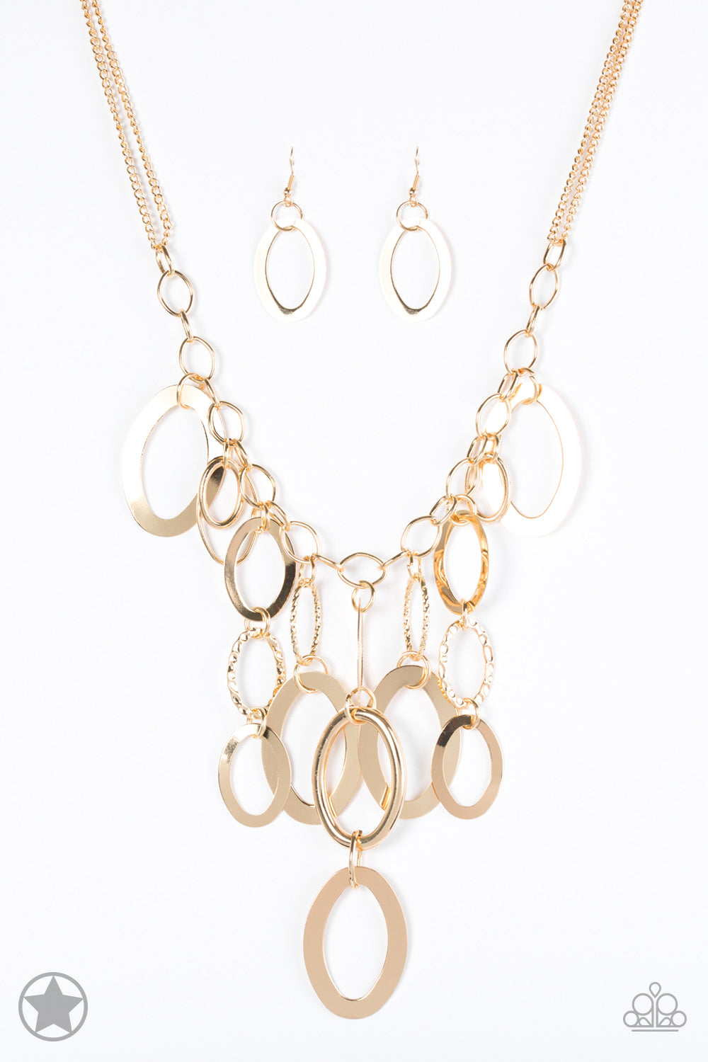 Paparazzi Accessories A Golden Spell - Gold Blockbuster Necklaces large gold links and shimmering textured gold rings cascade below a gold chain freely, allowing for movement that makes a bold statement. Features an adjustable clasp closure.