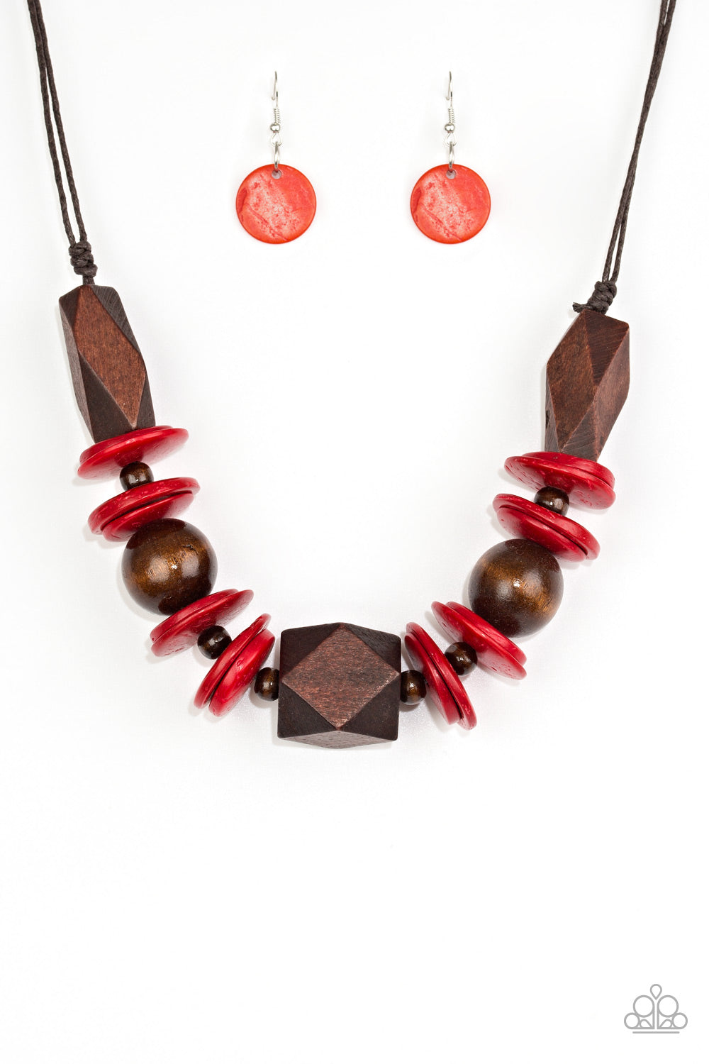 Paparazzi Accessories Pacific Paradise - Red Wood Necklaces featuring abstract geometric finishes, mismatched brown wooden beads and fiery red accents are threaded along shiny brown cording. A dramatic geometric bead adorns the center, creating a bold summery look below the collar. Features a button loop closure.  Sold as one individual necklace. Includes one pair of matching earrings.