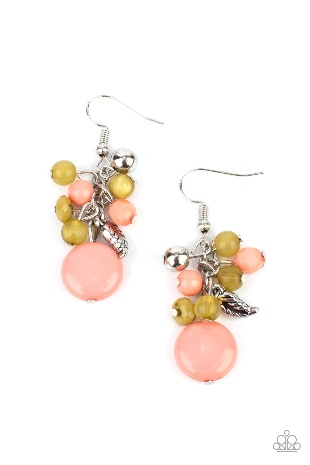 Whimsically Musical - Multi Earrings a cluster of Burnt Coral and Willow beads, accented with a shiny silver bead and a delicate silver feather, tumble together atop a flattened Burnt Coral bead for a whimsical finish. Earring attaches to a standard fishhook fitting.  Sold as one pair of earrings.  Paparazzi Jewelry is lead and nickel free so it's perfect for sensitive skin too!