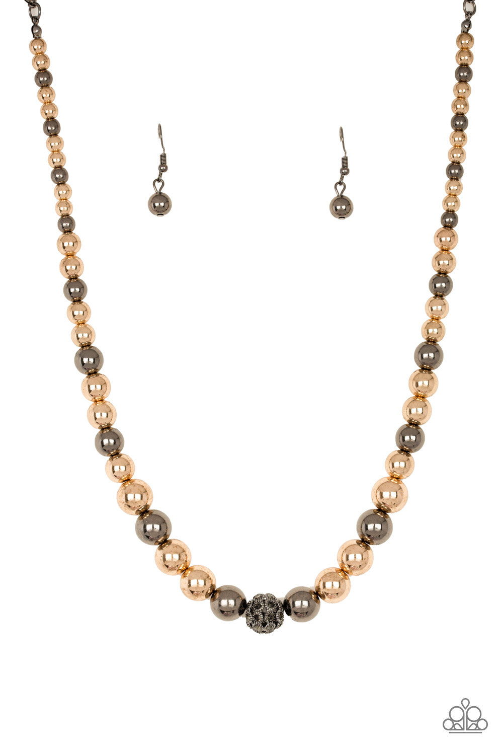 High-Stakes Fame - Multi Gold and Gunmetal Bead Necklaces gradually increasing in size near the center, glistening gold and gunmetal beads are threaded along an invisible wire below the collar. Encrusted in smoky rhinestones, a sparkling gunmetal bead adorns the center for a refined finish. Features an adjustable clasp closure.  Sold as one individual necklace. Includes one pair of matching earrings.
