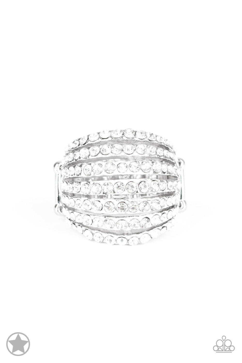 Paparazzi Accessories Blinding Brilliance - White Rings row after row of incandescent white rhinestones stack into a dazzling display. The gorgeous rounded bands and undeniable sparkle create a regal statement piece. Features a stretchy band for a flexible fit.