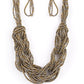 Paparazzi Accessories - City Catwalk - Brass Seed Bead Necklaces brushed in a flashy finish, countless strands of brass and gunmetal seed beads weave into a bulky square braid below the collar for a glamorous look. Features an adjustable clasp closure. Sold as one individual necklace. Includes one pair of matching earrings.
