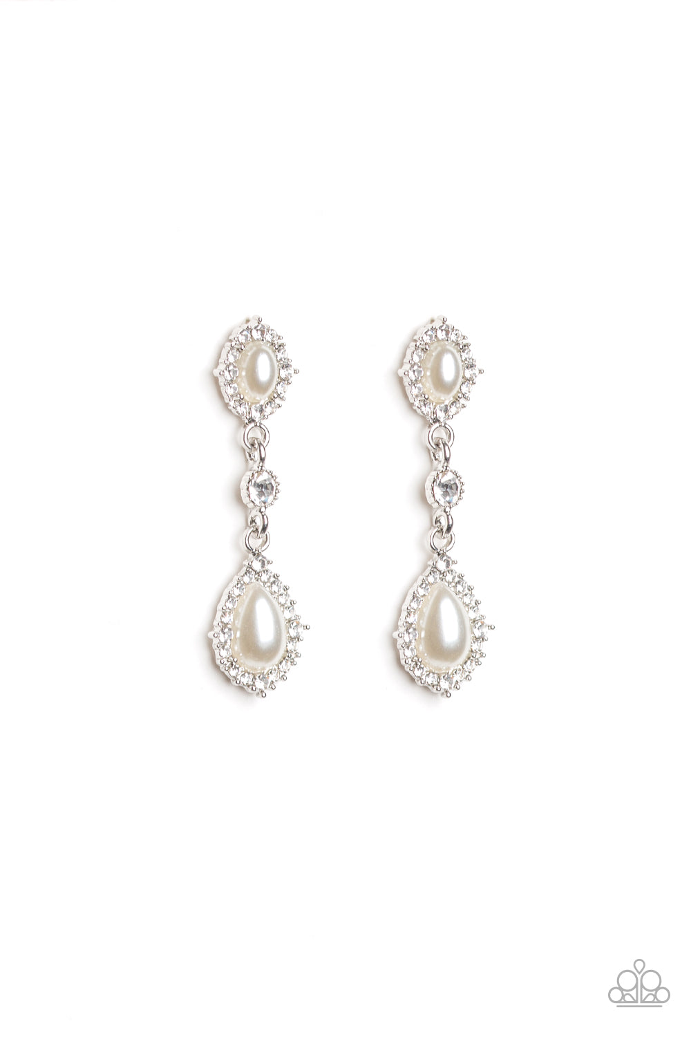 Paparazzi Accessories All-GLOWING - White Earrings solitaire white rhinestone is linked between two pearly white rhinestone encrusted frames, creating an elegant lure. Earring attaches to a standard post fitting.  Sold as one pair of post earrings.