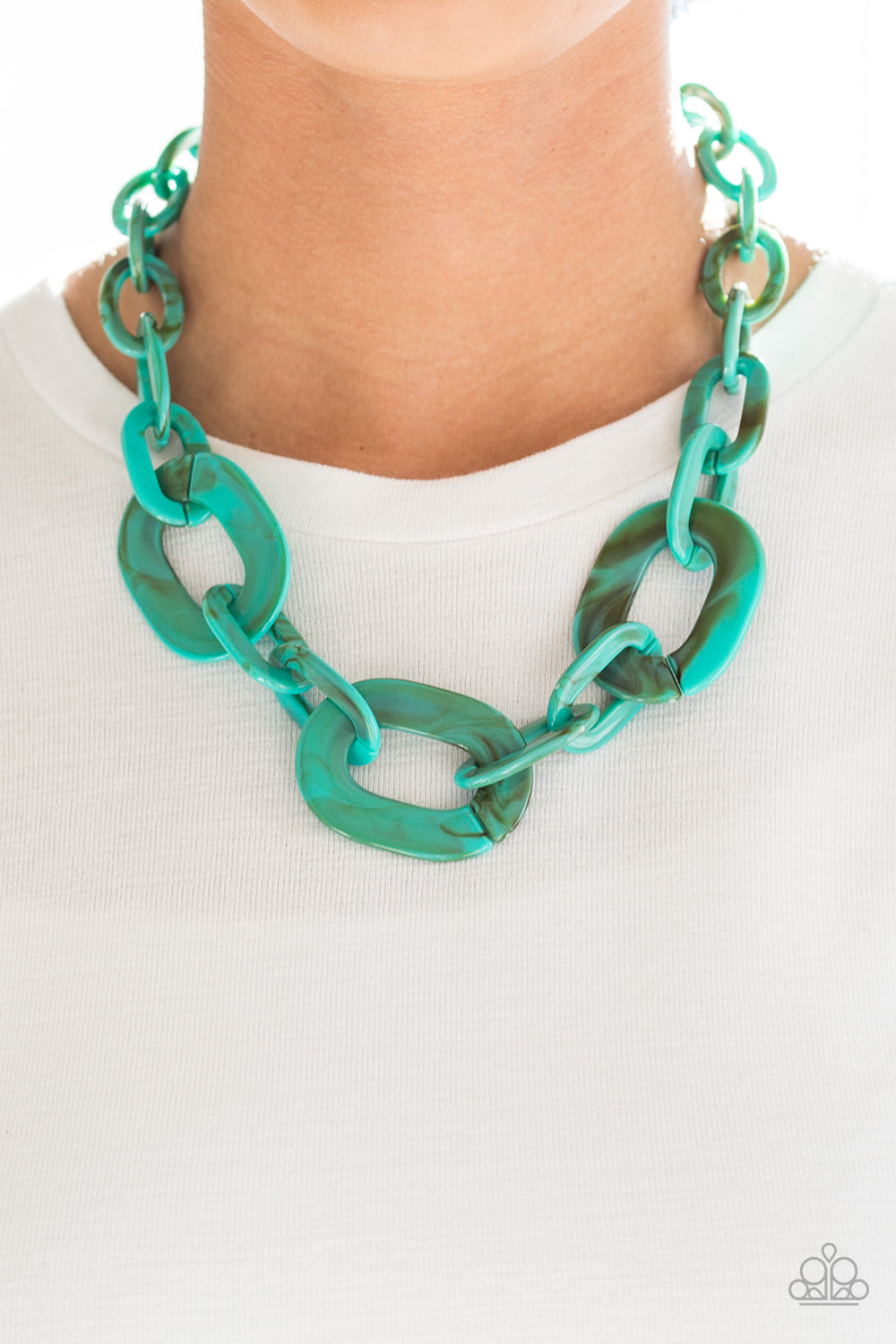 Paparazzi Accessories All in-VINCIBLE - Blue Necklaces brushed in a faux-marble finish, bold turquoise links connect below the collar for a statement making look. Features an adjustable clasp closure.  Sold as one individual necklace. Includes one pair of matching earrings.
