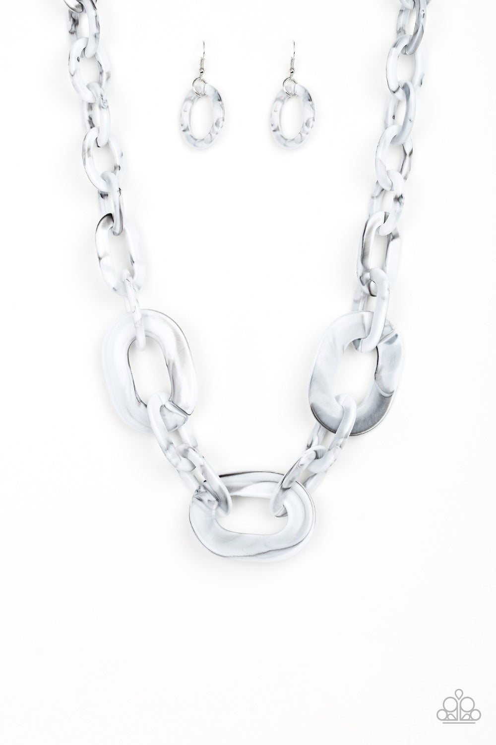 Paparazzi Accessories All in-VINCIBLE - Silver Necklaces brushed in a faux-marble finish, bold links connect below the collar for a statement making look. Features an adjustable clasp closure.  Sold as one individual necklace. Includes one pair of matching earrings.