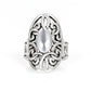 Paparazzi Accessories GLEAM Big - Silver Rings a glowing cat's eye stone is pressed into the center of an oval backdrop swirling with vine-like filigree for a whimsical look. Features a stretchy band for a flexible fit.