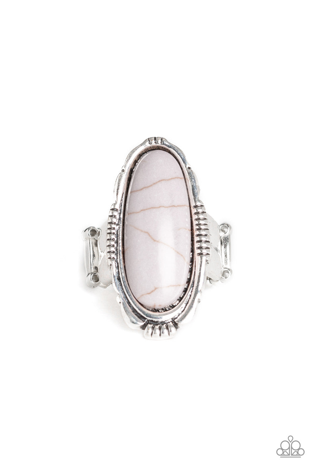 Paparazzi Accessories Desert Thirst - Silver Rings an oblong gray stone is pressed into the center of an ornate silver frame for a seasonal look. Features a stretchy band for a flexible fit.