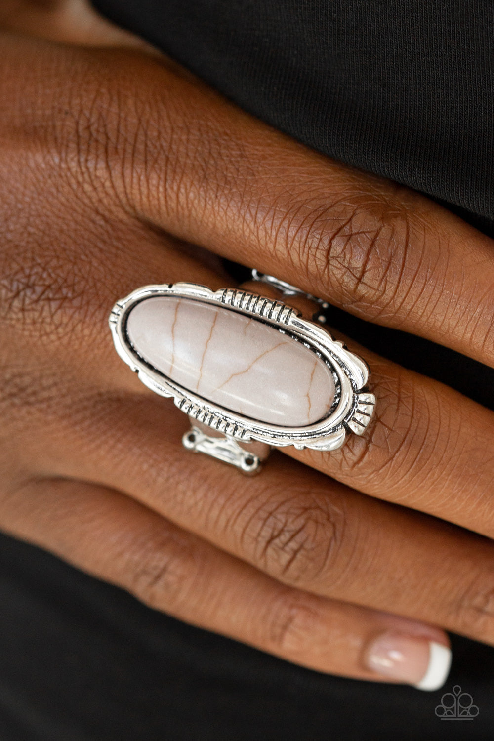 Paparazzi Accessories Desert Thirst - Silver Rings an oblong gray stone is pressed into the center of an ornate silver frame for a seasonal look. Features a stretchy band for a flexible fit.