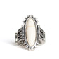 Paparazzi Accessories Canyon Calada - White Rings an oblong white stone is pressed into the center of a geometric silver frame featuring a hammered finish for a seasonal flair. Features a stretchy band for a flexible fit.