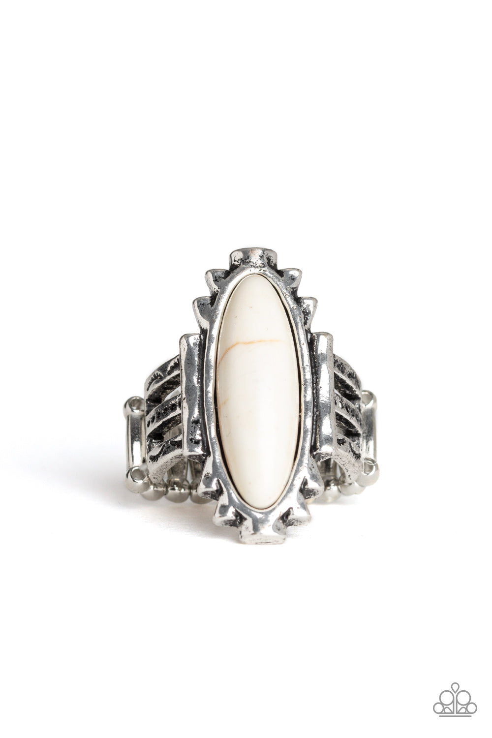 Paparazzi Accessories Canyon Calada - White Rings an oblong white stone is pressed into the center of a geometric silver frame featuring a hammered finish for a seasonal flair. Features a stretchy band for a flexible fit.