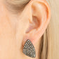 Supreme Sheen - Black Earrings the front of a triangular shaped frame is encrusted in row after row of glittery hematite rhinestones for a blinding look. Earring attaches to a standard post fitting.  Sold as one pair of post earrings.  Paparazzi Jewelry is lead and nickel free so it's perfect for sensitive skin too!