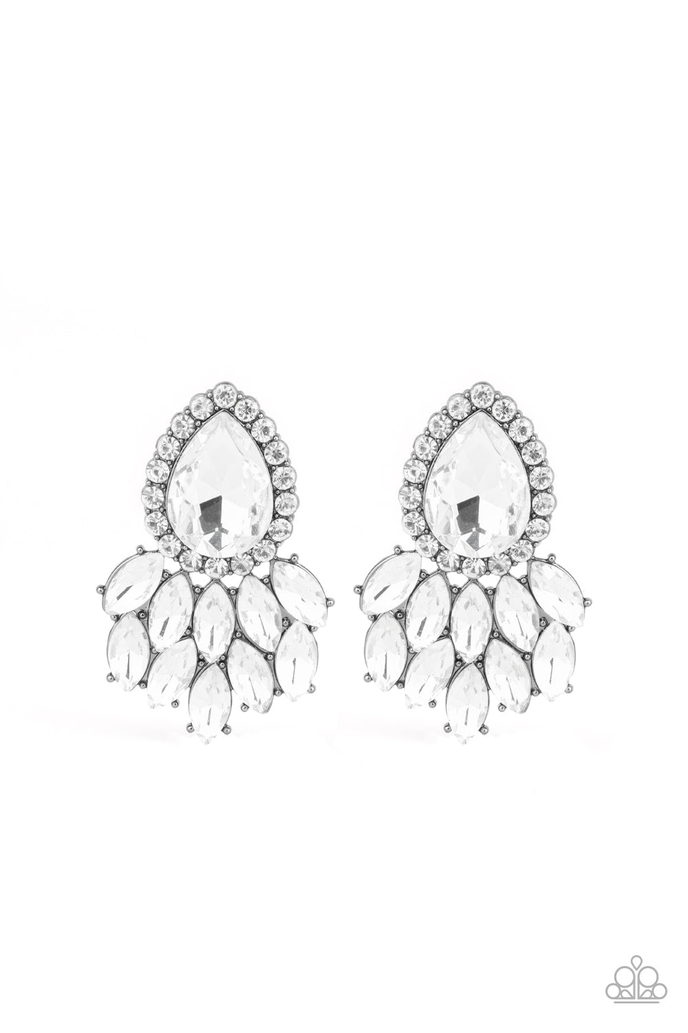 Paparazzi Accessories A Breath of Fresh Heir - Black Earrings glassy white marquise style rhinestones cascade from the bottom of a dramatically oversized white teardrop gem, coalescing into a regal frame. Earring attaches to a standard post fitting.