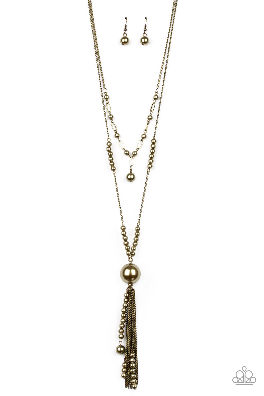 Paparazzi Accessories Abstract Elegance - Brass Necklaces a collision of brassy pearls and brass chains drape across the chest, creating elegantly mismatched layers. An oversized brass pearl swings from the bottom of the lowermost chain, giving way to a tassel of stacked brassy pearls and free-falling brass chains. Features an adjustable clasp closure.  Sold as one individual necklace. Includes one pair of matching earrings.