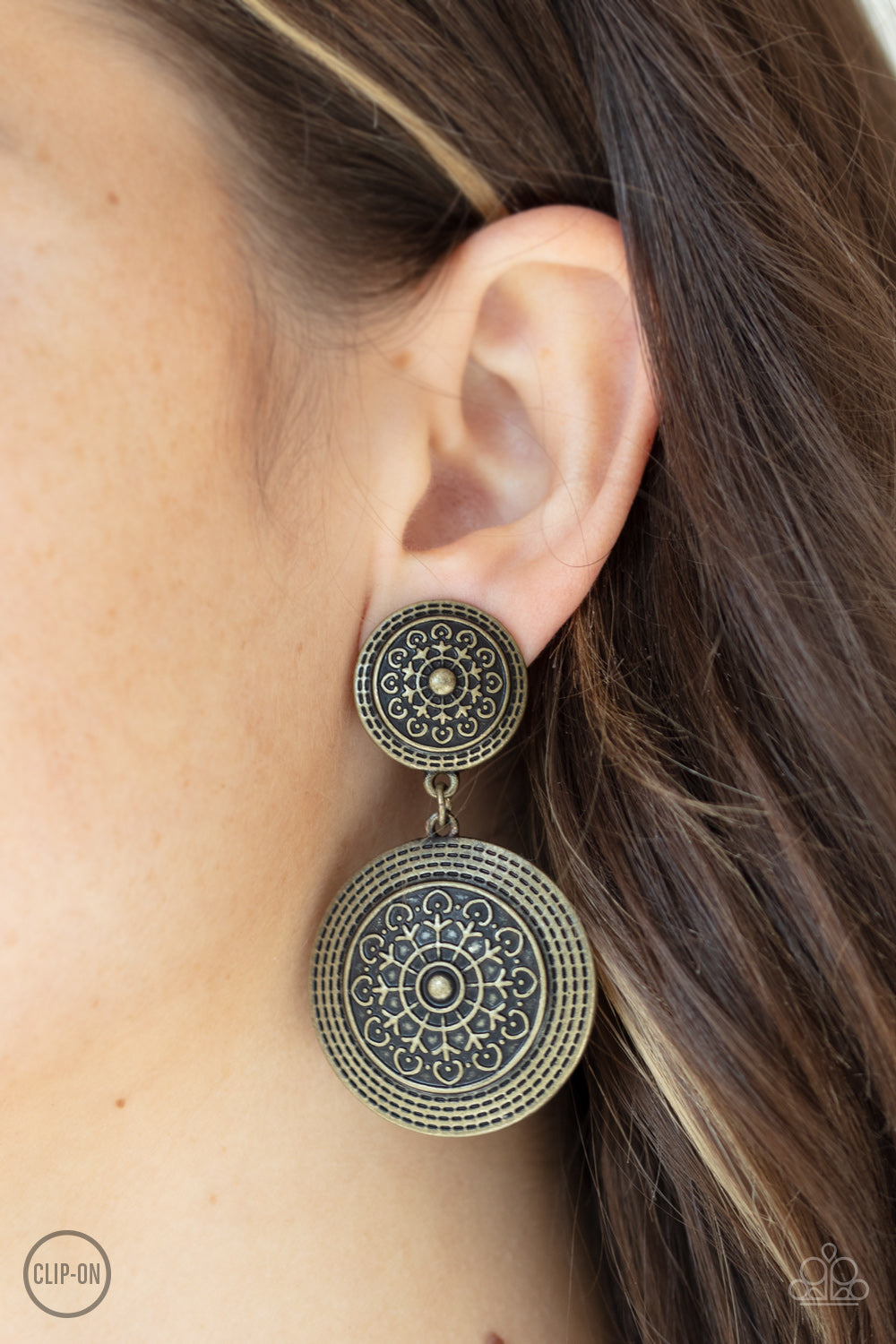 Paparazzi Accessories Magnificent Medallions - Brass Clip-On Earrings - Lady T Accessories