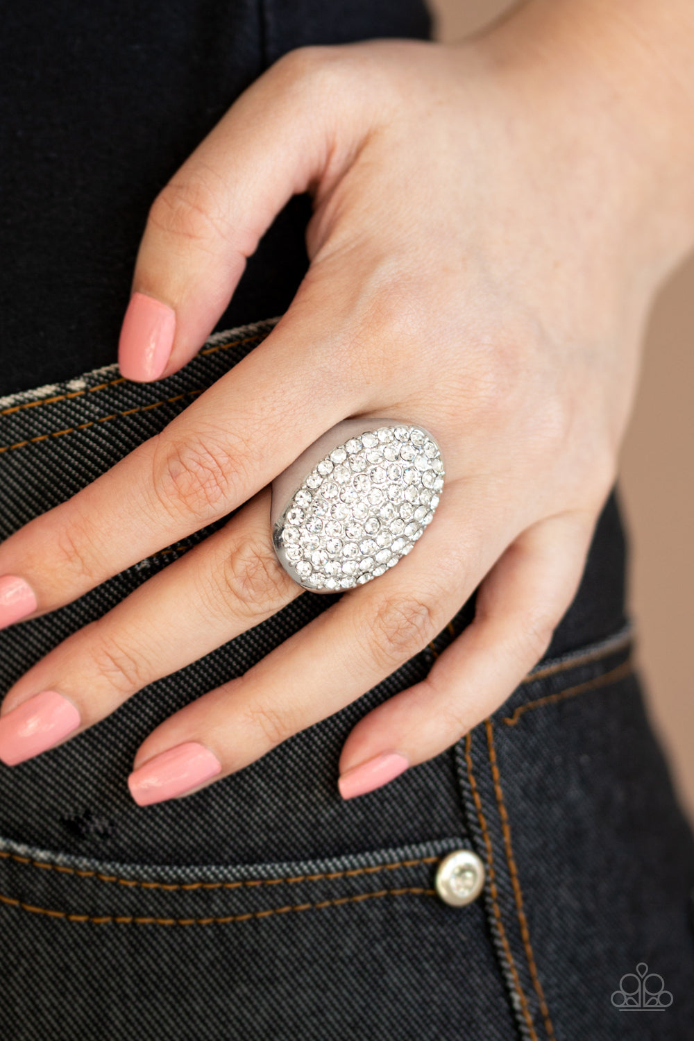 Paparazzi Accessories Bling Scene - White Rings row after row of dazzling white rhinestones radiate out from the center of a thick silver frame, creating a blinding centerpiece atop the finger. Features a stretchy band for a flexible fit.