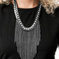 Paparazzi Accessories The Alex 2020 Zi Collection Necklaces a sassy curtain of mismatched gunmetal chains tapers from the bottom of a dramatic row of glassy white rhinestones that have been delicately fastened to an edgy row of flattened gunmetal chain. The exaggerated fringe cascades down the chest, resulting in a dauntless attitude that demands attention with every swish of the fearless fringe. Features an adjustable clasp closure.