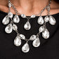 Paparazzi Accessories The Sarah - Zi Collection Necklaces tiers of oversized white teardrop gems demand attention as they drip from two blinding rows of elegantly linked white oval rhinestones. Infused with sections of chunky silver chain links, the sparkling rows brilliantly layer below the collar, becoming the center of every conversation. Features an adjustable clasp closure.