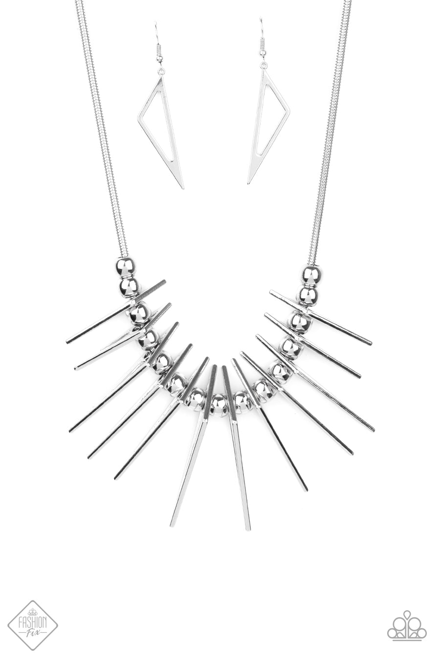 Paparazzi Fully Charged - Silver Triangular Necklace separated by bold silver beads, triangular silver frames gradually increase in intensity as they slide along a rounded silver snake chain, creating an electric fringe below the collar. Features an adjustable clasp closure.  Paparazzi Jewelry and Accessories are lead and nickel free.  Sold as one individual necklace. Includes one pair of matching earrings.