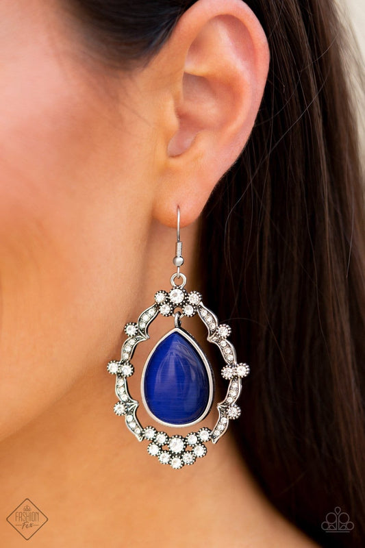 Icy Eden - Blue Teardrop Earrings classic Blue cat's eye teardrop swings from the top of an ornate rhinestone-encrusted frame, creating an icy lure. Earring attaches to a standard fishhook fitting.  Sold as one pair of earrings.