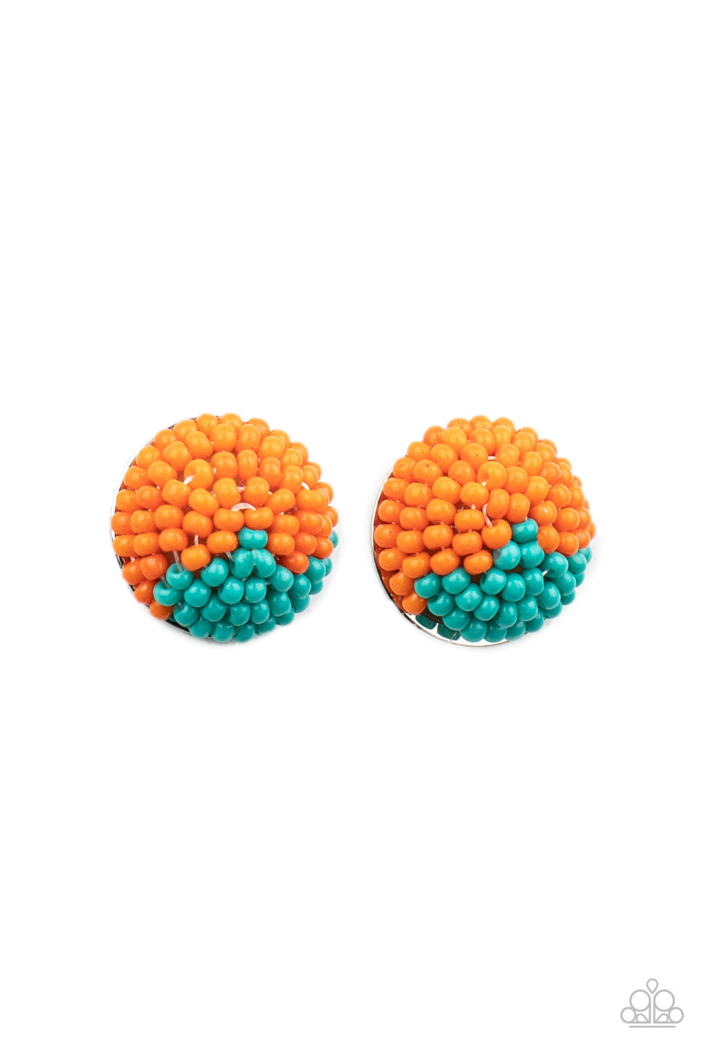 Paparazzi Accessories As Happy as Can BEAD - Orange Earrings a dainty collection of Amberglow and turquoise seed beads embellished the front of a circular frame, creating a colorful half and half pattern. Earring attaches to a standard post fitting.  Sold as one pair of post earrings.