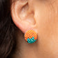 Paparazzi Accessories As Happy as Can BEAD - Orange Earrings a dainty collection of Amberglow and turquoise seed beads embellished the front of a circular frame, creating a colorful half and half pattern. Earring attaches to a standard post fitting.  Sold as one pair of post earrings.