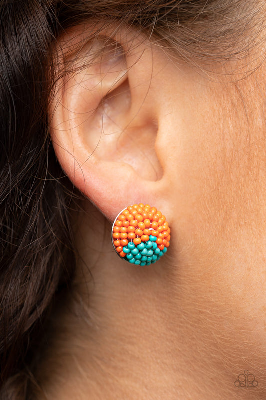 Paparazzi Accessories As Happy as Can BEAD - Orange Earrings a dainty collection of Amberglow and turquoise seed beads embellished the front of a circular frame, creating a colorful half and half pattern. Earring attaches to a standard post fitting.  Sold as one pair of post earrings.