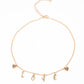 Paparazzi Accessories Love Conquers All - Gold Choker Necklaces nestled between a pair of dainty gold hearts, dangling gold letter charms spell out the word, "LOVE," creating a flirty fringe around the neck. Features an adjustable clasp closure.

Sold as one individual choker necklace. Includes one pair of matching earrings.


