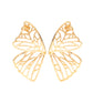 Butterfly Frills - Gold Post Earrings shimmery gold bars delicately climb scalloped gold frames, coalescing into a whimsical butterfly wing. Earring attaches to a standard post itting.  Sold as one pair of double-sided post earrings.  Paparazzi Jewelry is lead and nickel free so it's perfect for sensitive skin too!