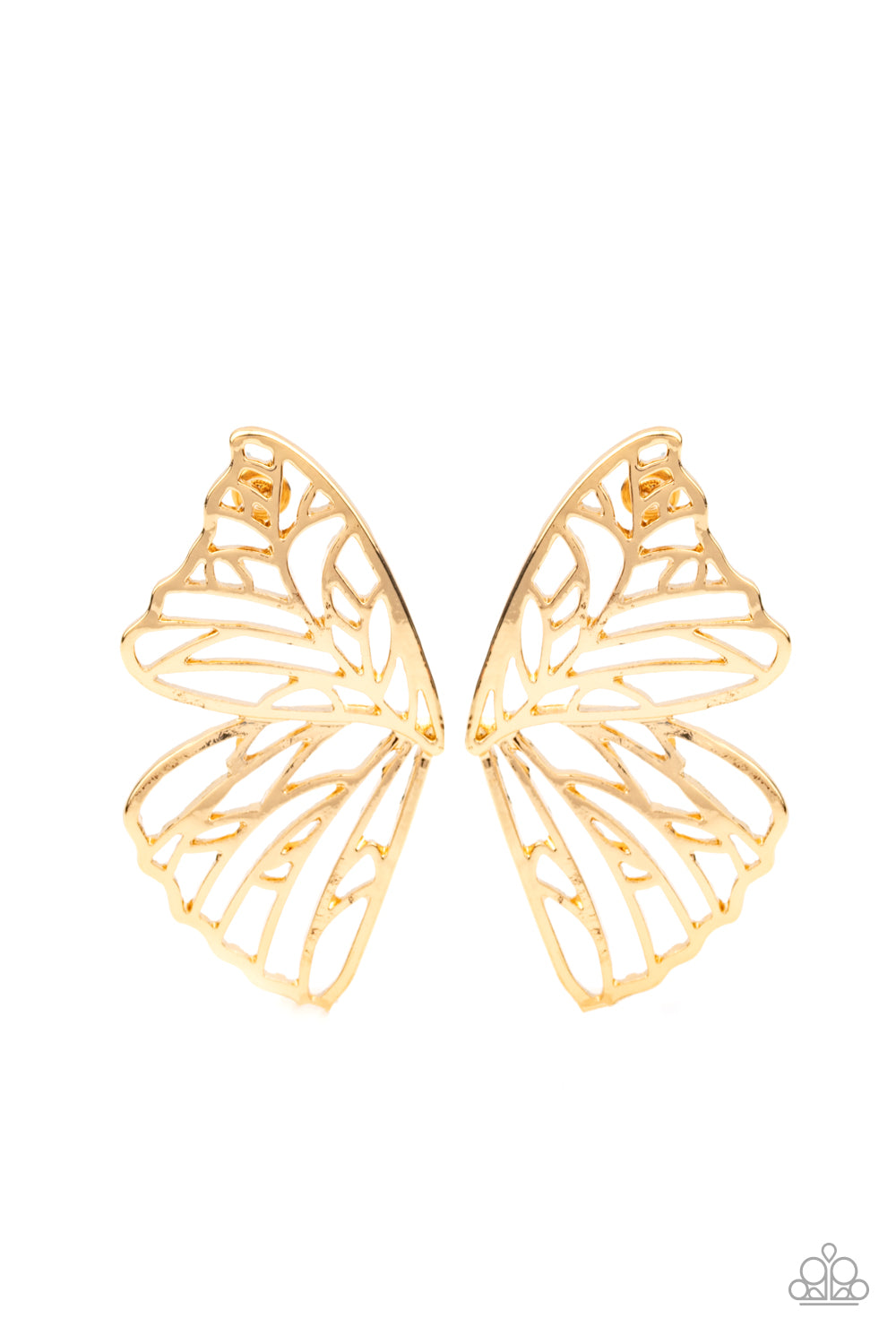 Butterfly Frills - Gold Post Earrings shimmery gold bars delicately climb scalloped gold frames, coalescing into a whimsical butterfly wing. Earring attaches to a standard post itting.  Sold as one pair of double-sided post earrings.  Paparazzi Jewelry is lead and nickel free so it's perfect for sensitive skin too!