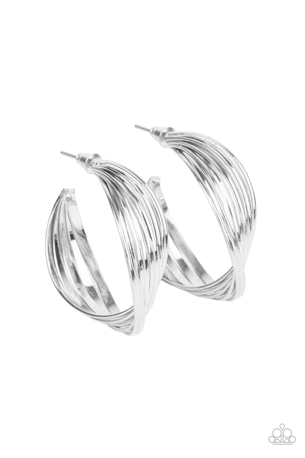 Paparazzi Accessories Curves In All the Right Places - Silver Earrings stack of shiny silver hoops delicately twists at the center, creating a curvaceous display. Earring attaches to a standard post fitting. Hoop measures approximately 1 1/4" in diameter.  Sold as one pair of hoop earrings.  Paparazzi Jewelry is lead and nickel free so it's perfect for sensitive skin too!