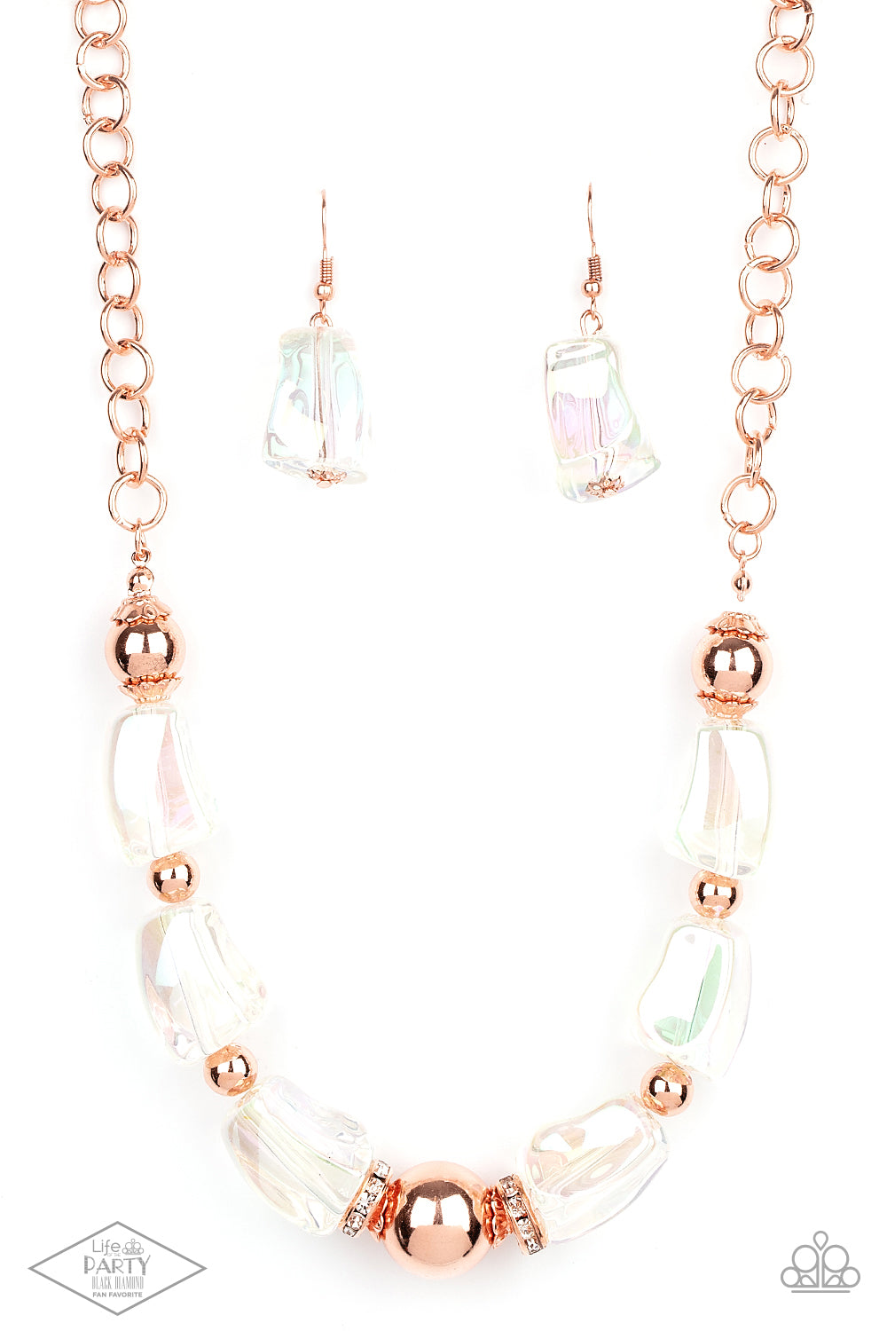 Iridescently Ice Queen - Copper Iridescent Necklaces featuring an icy iridescence, glassy asymmetrical beads join a mismatched collection of shiny copper beads, white rhinestone encrusted rings, and scalloped shiny copper accents below the collar. Attached to a shiny copper chain, the glacial display catches and reflects light for a statement-making finish. Features an adjustable clasp closure.  Sold as one individual necklace. Includes one pair of matching earrings.