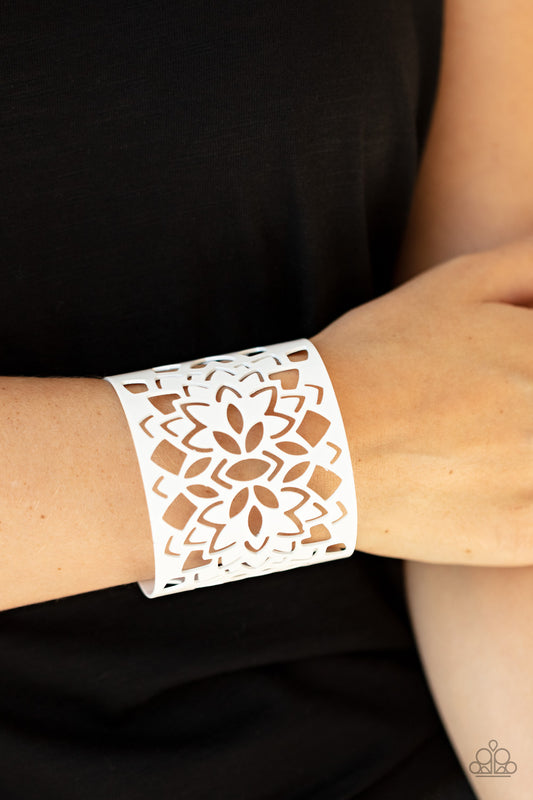 Paparazzi Accessories Hacienda Hotspot - White Bracelets featuring an airy floral stenciled design, a shiny white cuff wraps around the wrist for a vivacious finish.  Sold as one individual bracelet.