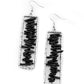 Don't QUARRY, Be Happy - Black Stone Earrings bits of black rock are threaded along a metal rod inside a hammered silver rectangle, creating an earthy frame. Earring attaches to a standard fishhook fitting.  Sold as one pair of earrings.  Paparazzi Jewelry is lead and nickel free so it's perfect for sensitive skin too!