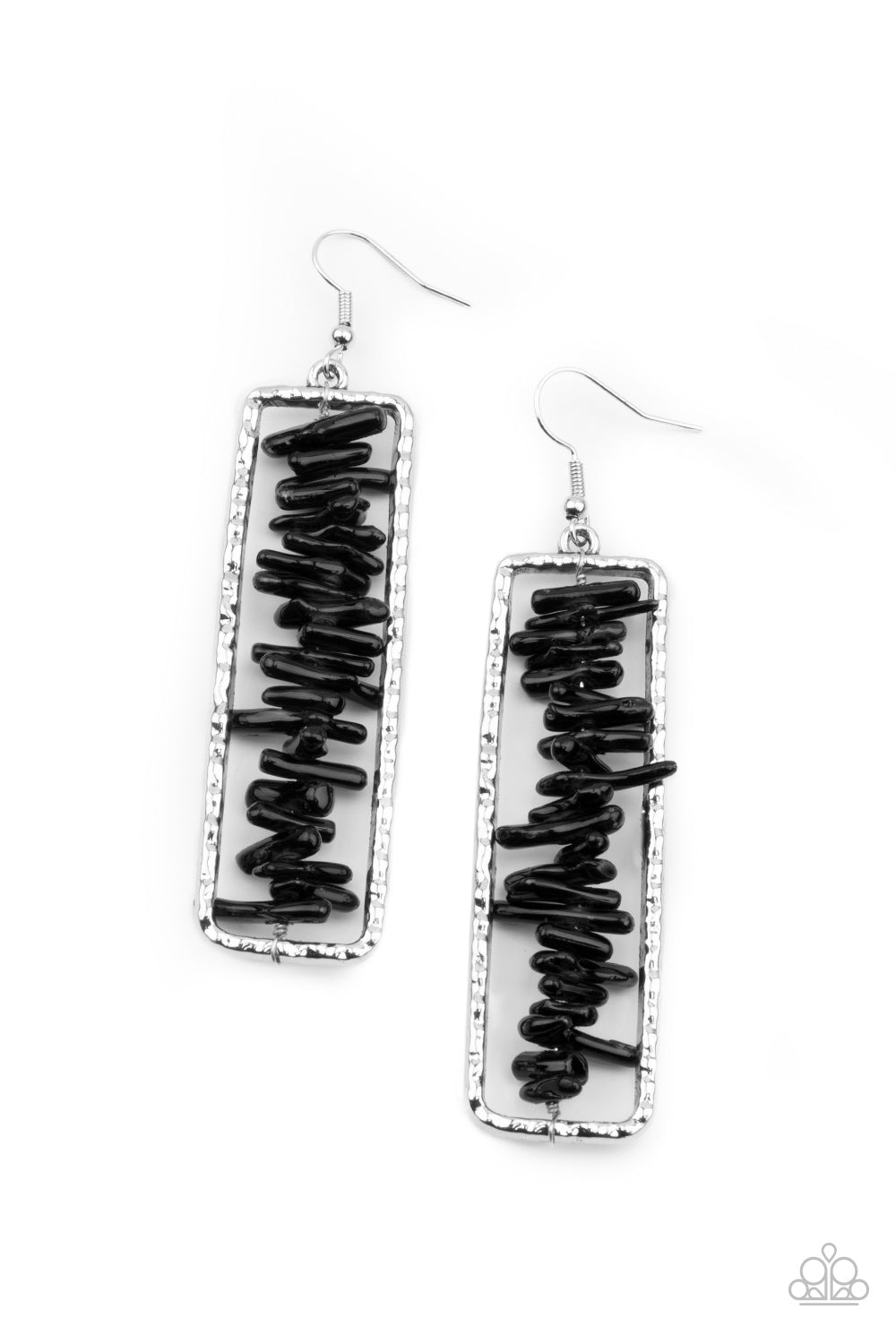 Don't QUARRY, Be Happy - Black Stone Earrings bits of black rock are threaded along a metal rod inside a hammered silver rectangle, creating an earthy frame. Earring attaches to a standard fishhook fitting.  Sold as one pair of earrings.  Paparazzi Jewelry is lead and nickel free so it's perfect for sensitive skin too!