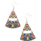 Desert Fiesta - Multi Studded Earrings Mismatched blue, green, and Rust colored beads adorn the fronts of studded triangular and rectangular silver frames that link into a tribal inspired lure. Earring attaches to a standard fishhook fitting.  Sold as one pair of earrings.