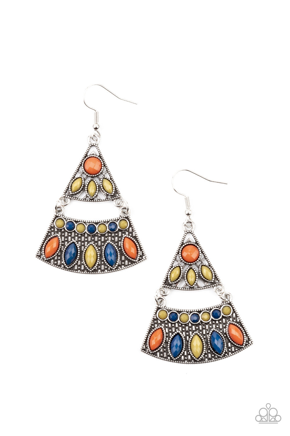 Desert Fiesta - Multi Studded Earrings Mismatched blue, green, and Rust colored beads adorn the fronts of studded triangular and rectangular silver frames that link into a tribal inspired lure. Earring attaches to a standard fishhook fitting.  Sold as one pair of earrings.