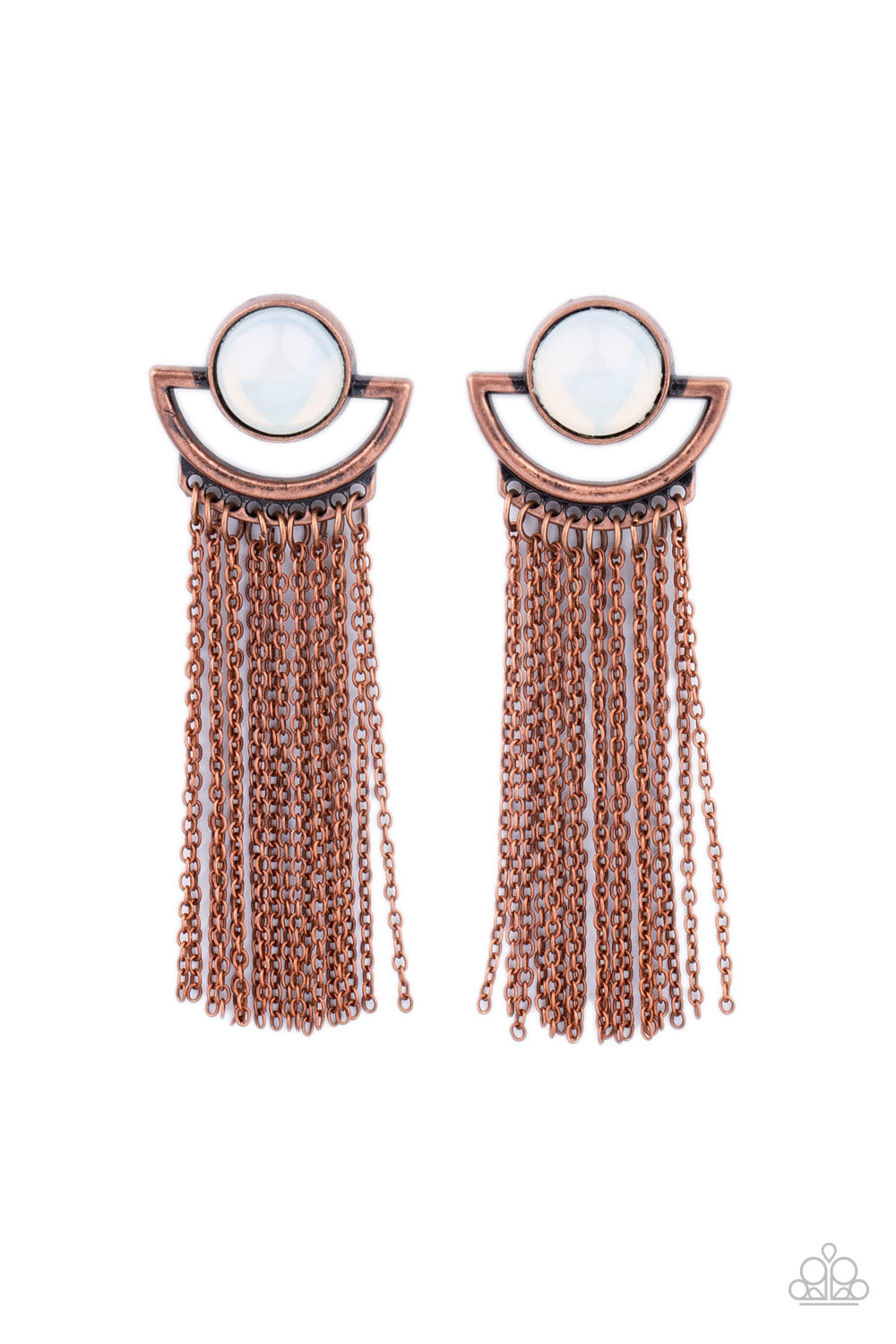 Paparazzi Accessories Opal Oracle - Copper Post Earrings a curtain of dainty copper chains stream from the bottom of a rustic crescent shaped copper frame that is dotted in a dewy opal bead for a mystical finish. Earring attaches to a standard post fitting.